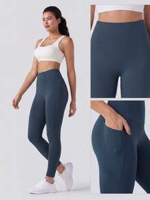 Sodalemon Women's High Waist Yoga Fitness Leggings Side Pockets Solid Color Seamless Front Running Workout Pants - Navy Blue - View 8