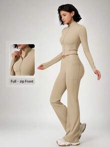 NcmRyu Setelan Olahraga Wanita Satu Set: Jaket Pendek Kerah Tegak Berresleting dan Celana Panjang Model Flare dengan Pinggang V Silang, Warna Polos - Khaki - View 11