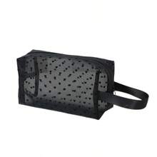 1pc Mesh Makeup Bag Double Layer Heart Pattern Large Capacity Storage Bag Fashionable Toiletry Cosmetic Bag - Black - View 5