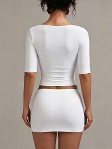 XLLAIS Sexy Herzausschnitt Yoga Basis Hohe Elastizität Nacktgefühl Slim Fit Weiß Kurzarm Sommer Sport T-Shirt lässig - Weiss - Übersicht 3