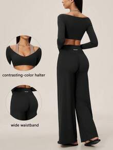TimeOff Women's One Set Autumn/Winter Solid Color High Neck Long Sleeve Top With Side Pockets And Pleated Wide-Leg Pants - Black - View 11