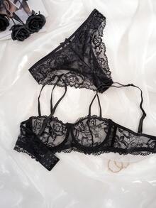 1 Set Women's Lace Patchwork Bow Underwire Thin Cup Comfortable Lingerie Set - Black - View 2