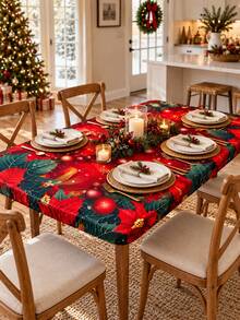 1pc Christmas Round Stretch Table Cloth, Red Green Poinsettia Holly Berry Print Elastic Fitted Tablecloth, Polyester Table Cover For Dining Table, Kitchen Table, Holiday Party, Winter Family Gathering, Indoor Home Decor - Multicolor - View 12
