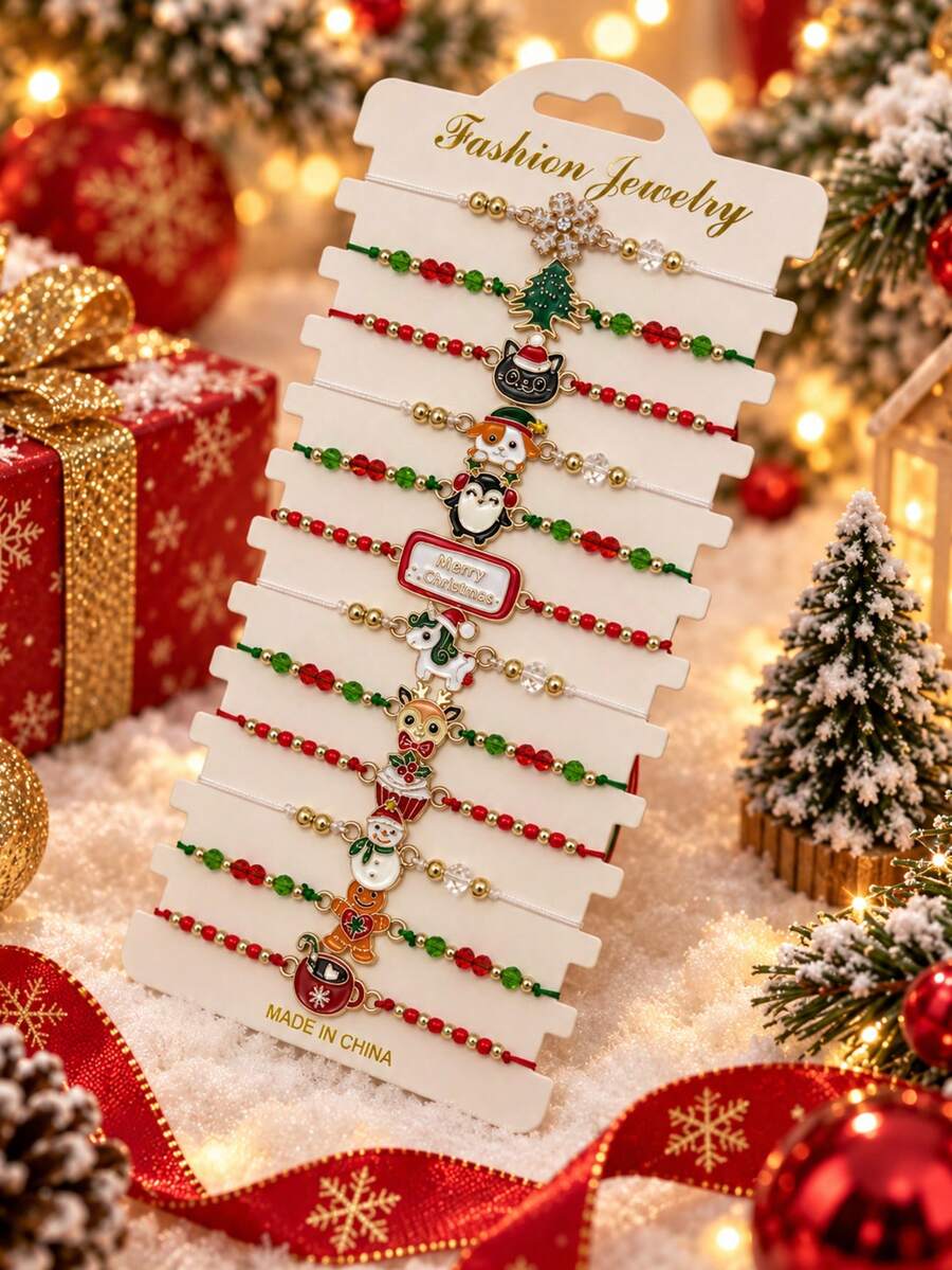 Christmas Beaded Charm Bracelet For Women With Snowflake, Christmas Tree, Snowman, Reindeer And Gingerbread Design, Red Green White Holiday Jewelry - Multicolor - View 1