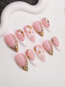 Autumn/Winter Handmade Wearable Nails, Y2K Hot Girl Style, Nude And White Nail Tips With French Edge, Carving, Rhinestones, Conch And Shell Elements Design, Pure Handmade Wearable Nails, Suitable For Women And Girls, Shiny Nail Tips, 10 Pieces/3 Sizes, Suitable For Party, Dance, Daily Wear, Includes Tool Kit, Can Be Given As A Gift To Women And Girls. - Multicolor - View 2