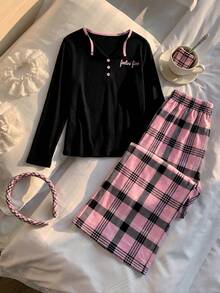 Teenager Letter Printed Pattern Long Sleeve Pajama Set,Ribbed Top+Pink Plaid Pants,Soft Breathable Girl Loungewear, Cute Home Sleepwear Autumn Winter - Black - View 3