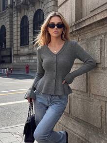 Women's Grey V-Neck Single-Breasted Ruffle Hem Wool Blend Cardigan Sweater, Autumn Outfit For Outing, Dating, Shopping And Commuting - Grey - View 8