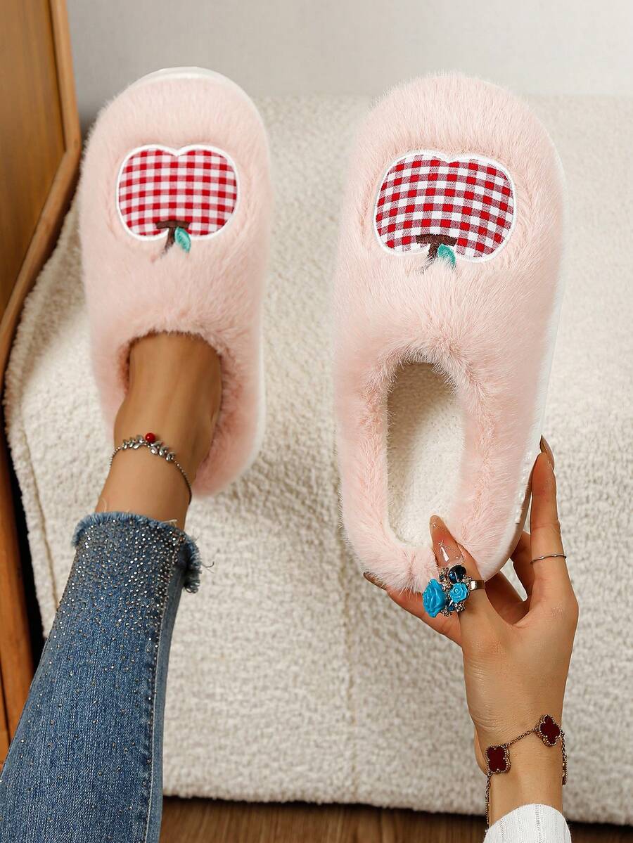 Soft Pink Plush Apple Embroidered Slippers For Women, Plaid Pattern Sweet Design, Thick Plush Warm Thick Sole Quiet Indoor Slippers