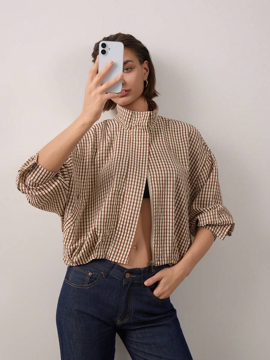 女款立領長袖格紋飛行夾克 - 棕色 - 查看 1