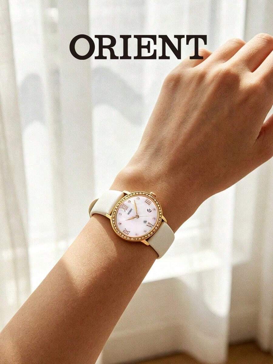 Orient Women's Classic Quartz Watch, White Mother Of Pearl Dial Gold Case Leather Strap 3ATM Water Resistant FUNEK004W0 - Silver - View 1
