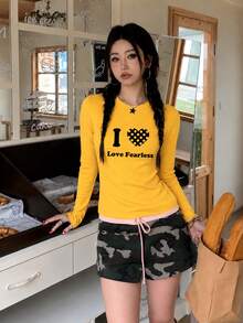 美式街頭風黃色 Y2K 上衣，愛心字母波點印花，秋季修身長袖女款打底 T 恤 - 黃色 - 查看 3