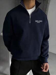 Men's Navy Blue MILAN Letter Half-Zip Polo Sweatshirt - Navy Blue - View 3