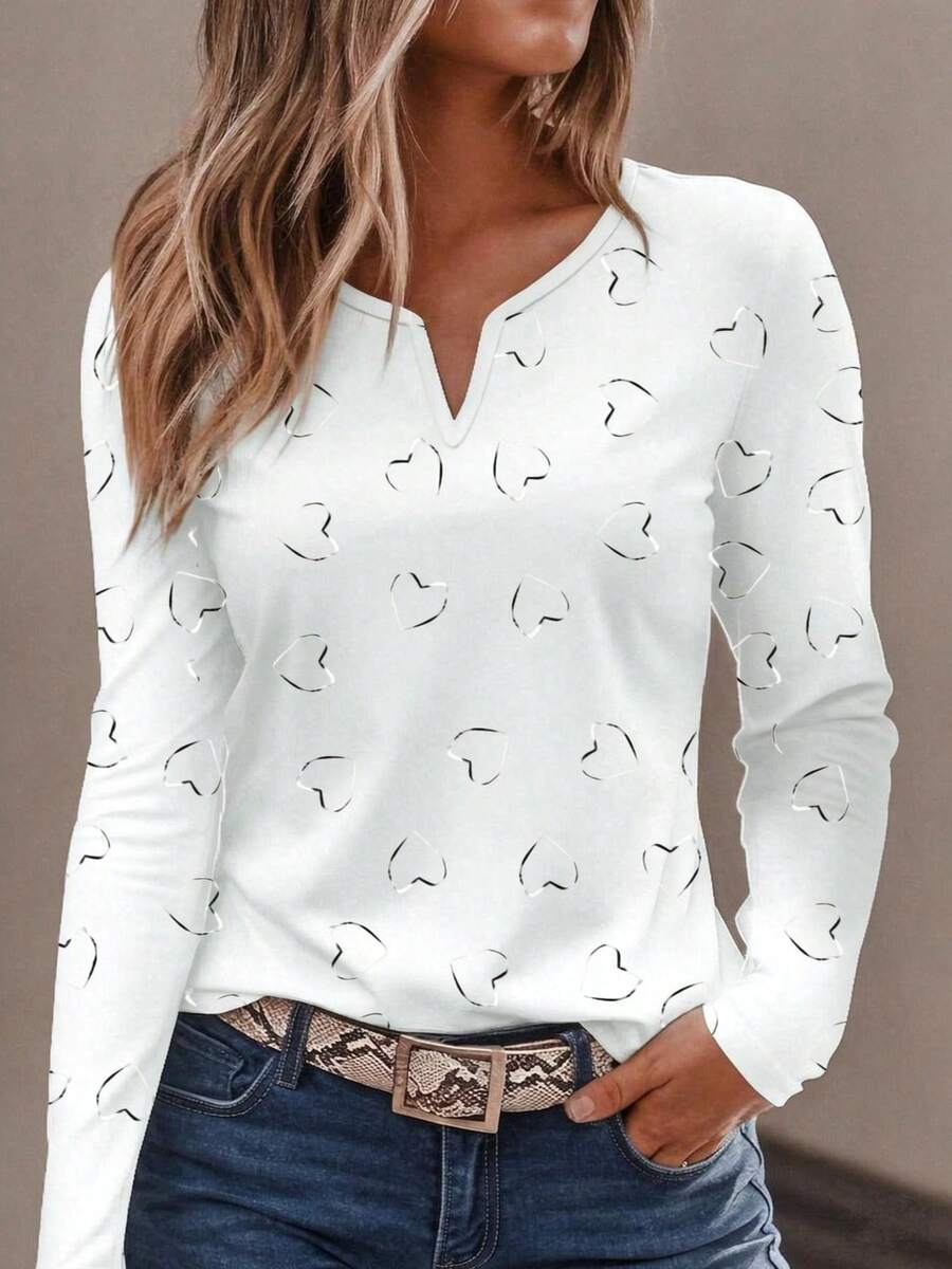 Plus Size Women's Solid Color Heart Print Notch V-Neck T-Shirt - White - View 1