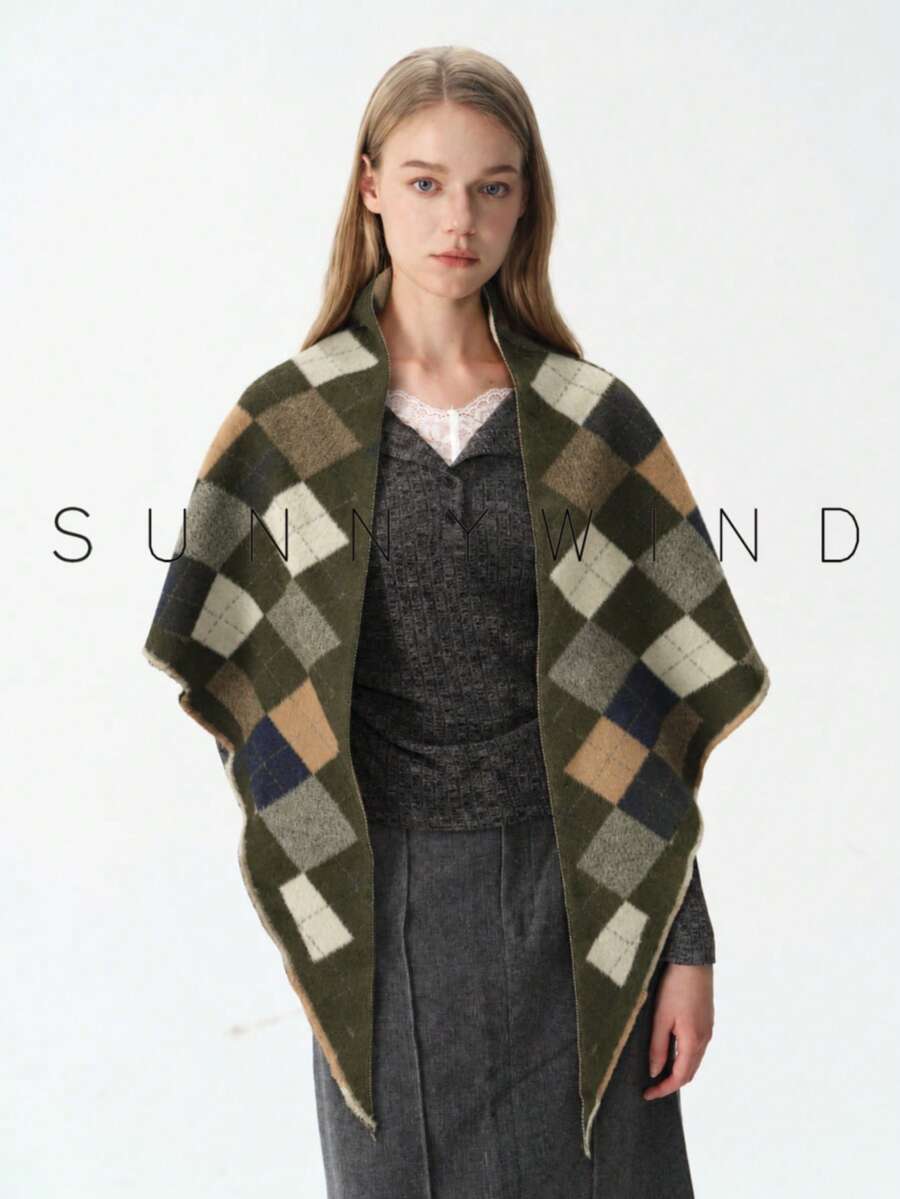 1pc Women's Diamond Plaid College Style Casual Versatile Polyester Faux Mink Triangle Scarf Shawl For Daily Use - Army Green - View 1