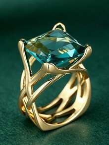 1pc Elegant Cubic Zirconia Ring For Women, Wedding Engagement Party Jewelry, Valentine's Day Gift - Gold + Light Blue - View 3