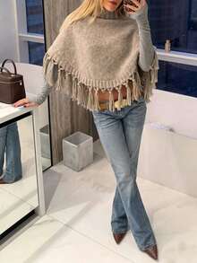 FOR BEAUTY Fall Winter Women Sweaters Y2K Boho Khaki Fringe Tassel Turtleneck Crop Poncho Knit Tops Sweaters Vacation Party Concert Going Out Clothes - Grey - View 2