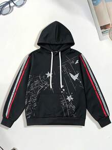 American Streetwear Black Hoodie, Abstract Line Star Print Drawstring Pocket Casual Sweatshirt For Outdoor & Sports - Black - View 3