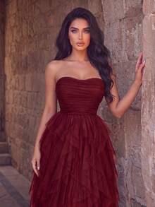 Fashion Strapless Formal Gown, Ruched Mesh Bodice, Long Flowing Skirt, Suitable For Special Occasions - Red - View 3