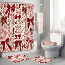 1pc/4pcs Bow & Bell Pattern Multi-Functional Bathroom Decor Shower Curtain Set Free 12 Hooks Premium Festive Atmosphere Bathroom Mat U-Shaped Floor Mat And Round Toilet Lid Cover Suitable For All Scenes Decoration Bathroom Set - Bow Bell - View 9