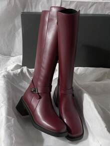 Fall/Winter 2025 New Mid-Heel Knee-High Boots, Simplistic Motorcycle Riding Style, Versatile For Women - Burgundy - View 8
