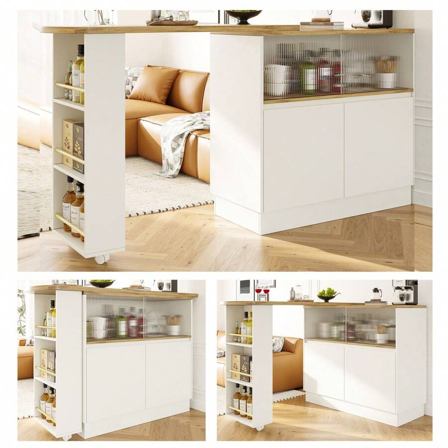 360° Swivelling High Table (Main Body 90 X 45 X), White Multifunctional Swivelling Sideboard With Storage Compartment, Sliding Glass Door, Suitable Kitchen/Dining Room - 1 - View 1