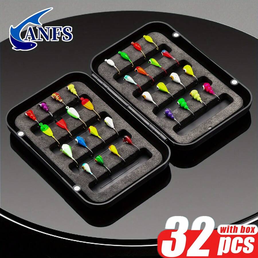 ANFS 32pcs Ice Fishing Jig Baits Kit - Jigs With Artificial Hard Lures, Sinking Bait Hooks, And Accessories For Crappie, Pike, Panfish, Walleye, And Perch Fishing - Multicolor - View 1