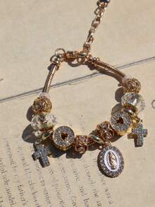 1pc Religious Cross Heart Charm Bracelet, Cross Heart Bracelet, Religious Virgin Mary Heart Bracelet - Gold - View 5