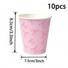 10/25pcs Pink Ribbon Bow Print Disposable Paper Cups, Cute Bowtie Pattern Party Drinking Cups, Tableware For Girl Birthday, Baby Shower, Tea Party, Wedding, Holiday Table Decor Supplies - Multicolor - View 6