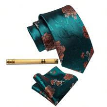 Men's Tie Handkerchief Cufflinks Tie Clip 4pcs Set Deep Green Orange Red Floral Jacquard Gold Tie Clip Business Matching - Cadet Blue - View 2