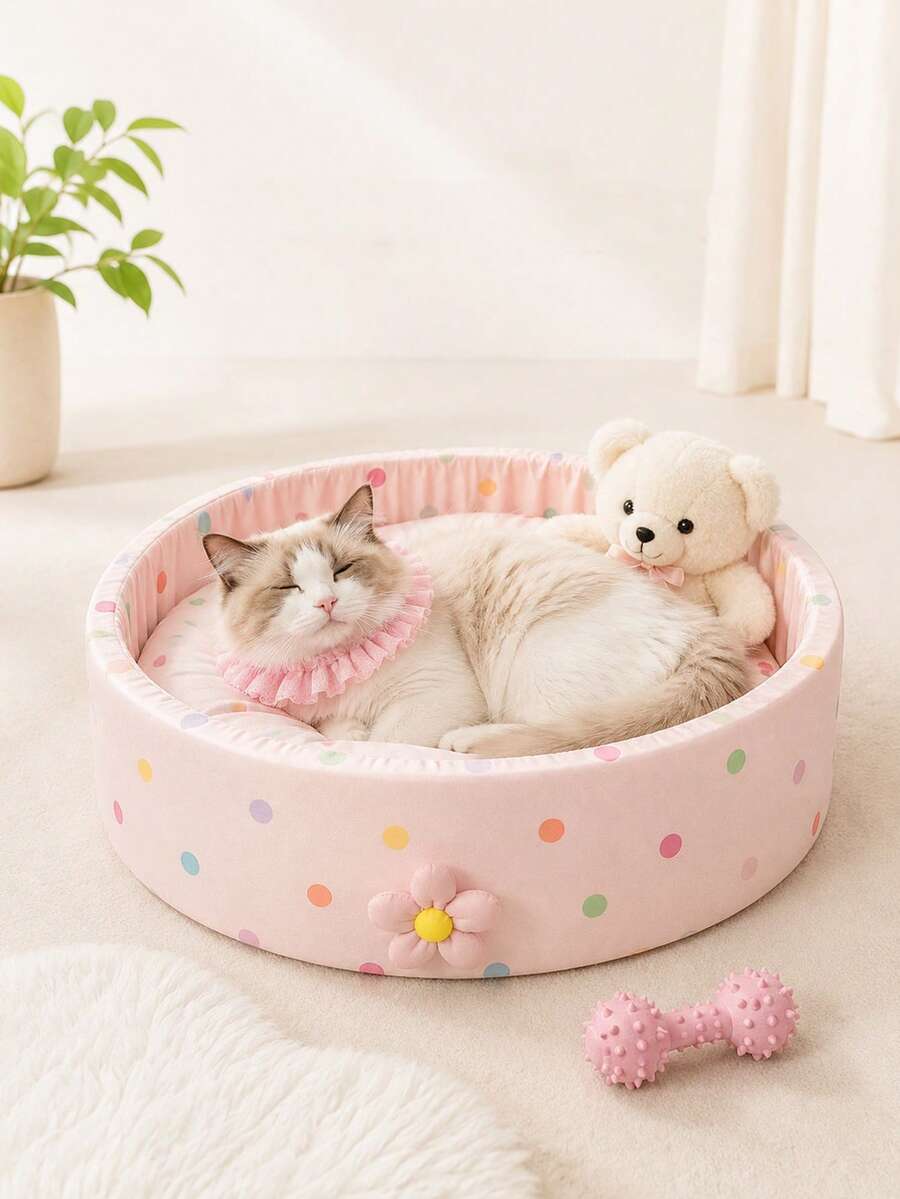 1pc All-Season Pet Bed (Cat/Dog Bed), Cute Round Pet Bed Suitable For Cats & Small Dogs Under 8kg