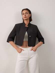 Women's Solid Color Stand Collar Casual Versatile Commute Travel Blazer Black - Black - View 4