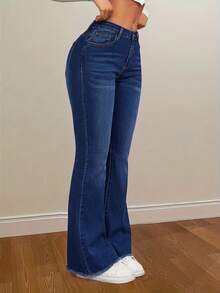Plus Size Stretch Flare Leg Jeans With Frayed Hem, Solid Color Denim Fabric, Pockets, Casual Everyday Wear For All Seasons - Blue - View 3