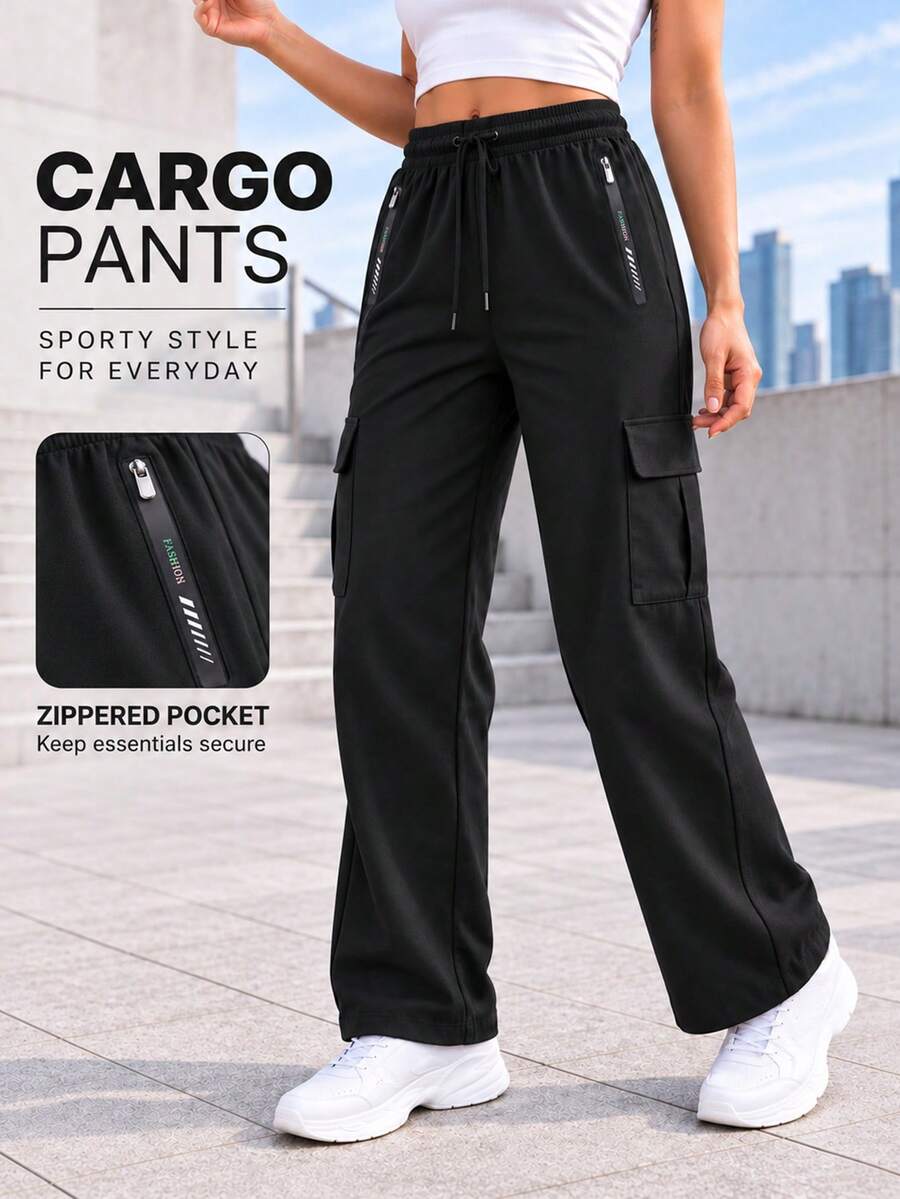Women's Black Cargo Pants With Drawstring Elastic Waist, Wide Leg, Zipper And Flap Pockets, Casual Sport Style - Black - View 1