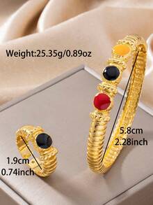 Letingsha 2pcs Luxury Vintage Textured Colorful Enamel Gold-Plated Bracelet & Ring Set, Suitable For Women's Daily Wear, Wedding, Party And Holiday Gift - Multicolor - View 7