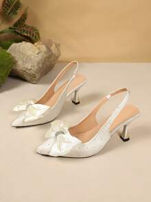 Spring/Summer New Elegant White Women's Pointed Toe Slingback Pumps With Rhinestone Bow, High Heel Sandals For Wedding, Banquet And Versatile Occasions - White - View 6