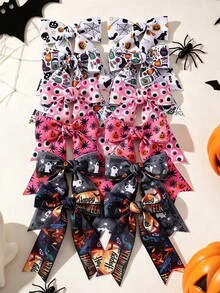 2pcs/12pcs Girls Halloween Multi-Color Printed Long Ribbon Bow Hair Clips Set, Cartoon Pumpkin Ghost Spider Pattern Hair Clips For Kids, Holiday Party Cosplay Costume Satin Ribbon Hair Accessories - Multicolor - View 14