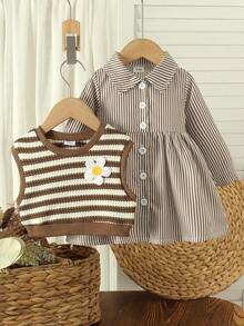 2pcs Baby Girl Academy Style Long Sleeve Striped Shirt Dress & Vest Set, Thin Spring/Autumn - Khaki - View 3