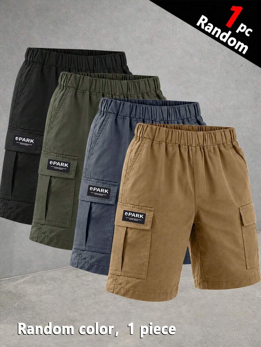 [1pc Random]1pc Boys' Casual Summer Sports Outdoor Pocket Fashion English Woven Label Cargo Shorts, Spring/Autumn - Black - View 1