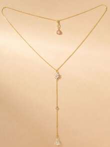 XYHEALER 1pc Women's Backless Necklace, Gold Rhinestone Floral Back Ornament Necklace With Water Drop Pendant, Bridal Lanyard Back Jewelry, Suitable For Wedding Backless Dress - Gold - View 4