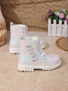 Girls' Colorful Pearlescent Boots, Autumn/Winter Thermal Lined Cute Embroidered Leaf Side Zipper Non-Slip Princess Ankle Boots - Beige - View 8