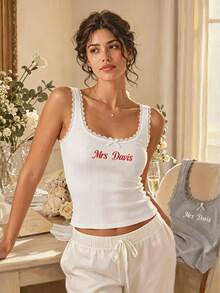 Personalized Custom Embroidered Text Lace Trim Ribbed Short Camisole, Bride Bachelorette Party Top, Custom Name Bridesmaid Top Wedding Party Gift - Multicolor - View 3