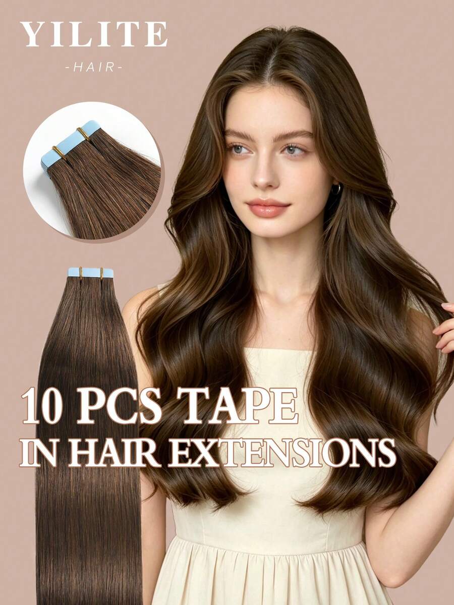 Yilite 18 Inch 10Pcs Chocolate Brown #4 Tape In Hair Extensions Human Hair Straight Soft Human Hair Tape In Extensions Skin Weft Tape Ins Extensions For Women - S4 - View 1