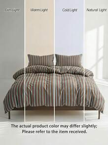 Veyra Day 3pcs Brown And Light Blue Striped Duvet Cover Set, Vintage Vertical Stripe Soft Cotton Breathable Bedding Set With 2 Shams (No Insert) - Blue coffee blue strip cotton - View 10