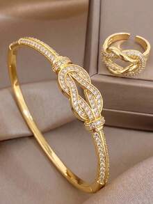 2Pcs Luxury Interwoven Knot Zirconia Gold Bangle Ring Set, Sparkling Full Pave CZ Bracelet & Ring, Wedding Banquet Evening Party Fashion Jewelry - Multicolor - View 3