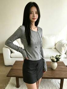 Atasan YCYC Asimetris Leher Persegi Lengan Panjang Desain Slim Fit dengan Potongan untuk Musim Gugur - Grey - View 4