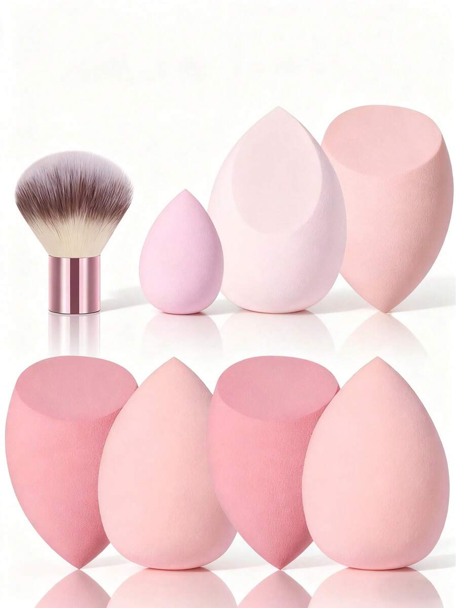 8 Pcs Total Makeup Tool Kit, 7 Pcs Pink Beauty Sponges Plus 1 Short Handle Makeup Brush. Elastic Soft Sponges Support Wet And Dry Dual Use, Matched Brush Helps Blend Powder For Natural Flawless Base Makeup - Multicolor - View 1