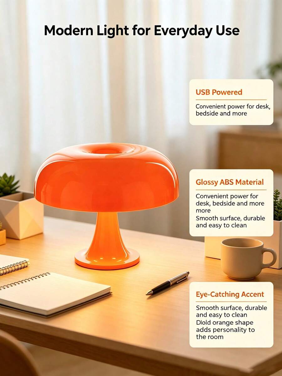 1pc Art Deco Orange Acrylic Table Lamp, USB Powered LED Desk Light 3‑Color Dimmable Button Control Upward Lighting, Decorative Lamp For Bedroom Living Room Study Library Cafe Bar Home Room Decor No Bulb Included - Multicolor - View 1
