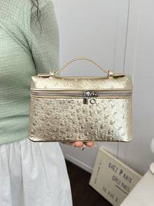 Dedoo 1件純色鴕鳥紋PU方型斜挎包女款小錢包，適合日常時尚搭配，時尚奶油黃女包 - 金色 - 查看 4