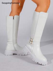 Women's Autumn/Winter Dual Metal Buckle Thick Sole Side Zipper Riding Boots - White - View 6