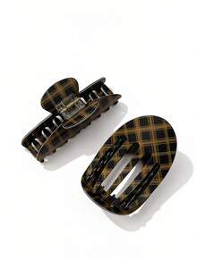 1pc Women's Vintage Color-Block Plaid Curved Large Hair Claw Clip Hair Accessory, Versatile For Daily/Date/Commute - Multicolor - View 4